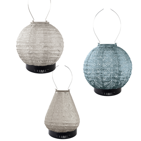 Lumiz Solar Buitenlampionnen Walvis Bay Set - inclusief 3 metalen small ringen - Licht Taupe - Grijs Blauw
